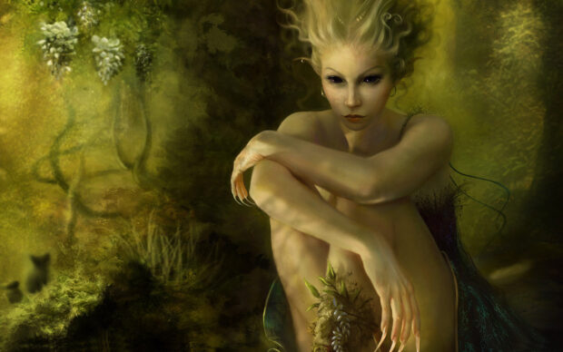 A mysterious faerie with dark eyes sits thoughtfully in an enchanted forest, HD Desktop Wallpaper