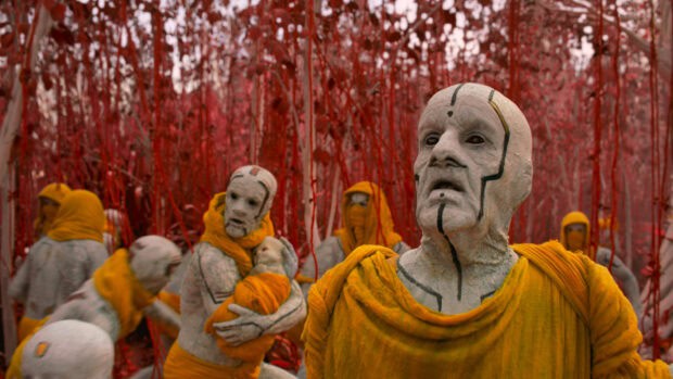 Mysterious figures in orange robes and white masks are standing among red vines with a baby, Jj Abrams Wallpapers, 4K Desktop Wallpaper