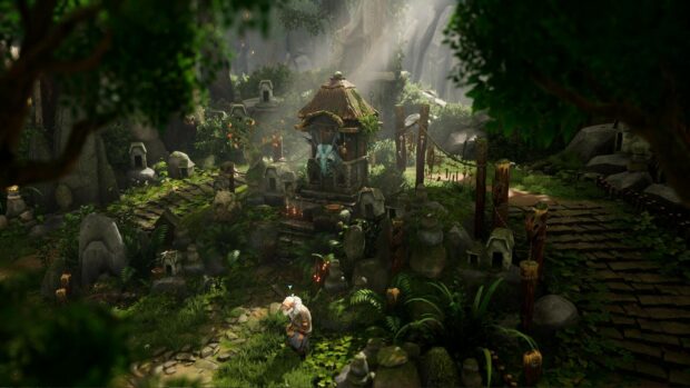 An elderly man explores a mystical forest shrine in Kena Bridge Of Spirits, HD Desktop Wallpaper