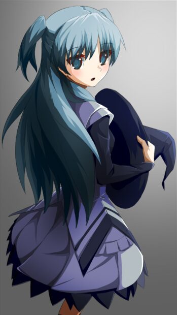 A blue haired anime girl holding a witch hat looks back with a calm expression, HD Phone Wallpaper