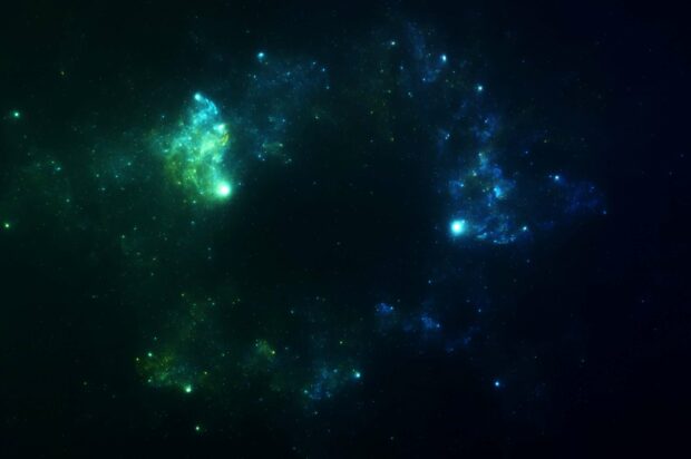 A stunning view of a green nebula showing bright stars and cosmic clouds, 2K Desktop Wallpaper
