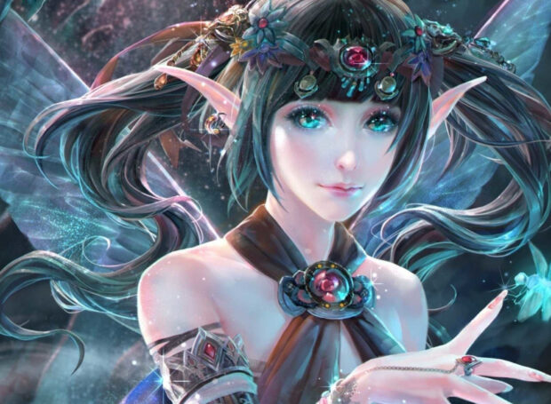 A mystical faerie with glowing blue eyes and intricate jewelry in a magical realm, HD Desktop Wallpaper