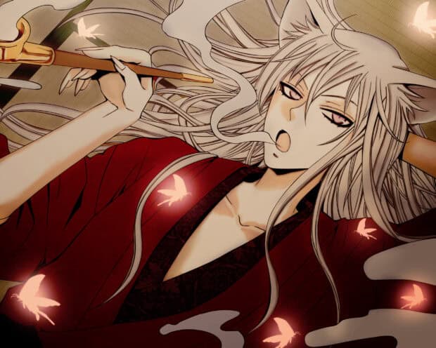 A Kamisama with long white hair surrounded by glowing butterflies in a red robe, 2K Desktop Wallpaper