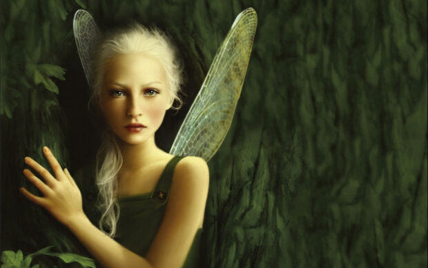 A mystical faerie with delicate wings stands near a tree in a forest, HD Desktop Wallpaper