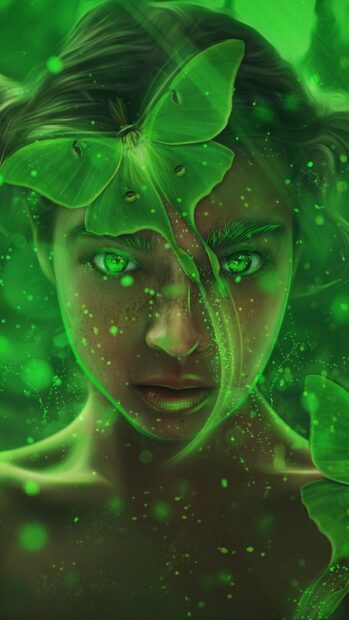 A close up of a person surrounded by glowing green faeries and moths, HD Phone Wallpaper