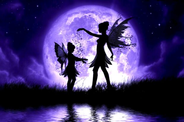 Two faeries dance with glowing wings in front of a full moon by the water, 2K Desktop Wallpaper