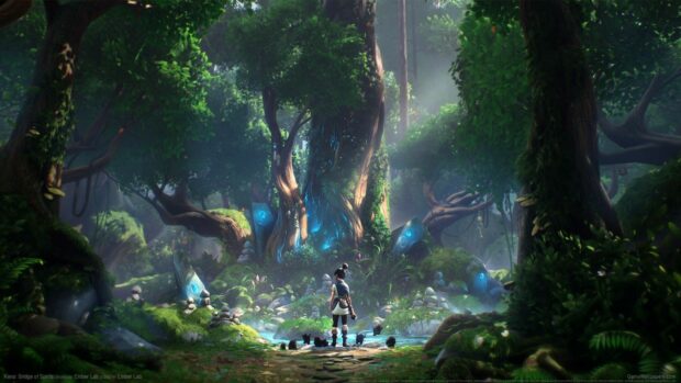 A character stands in a glowing forest clearing with spiritual stones, HD Desktop Wallpaper
