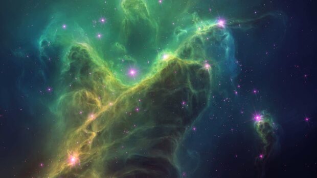A bright green nebula with glowing stars and cosmic dust in deep space, 2K Desktop Wallpaper