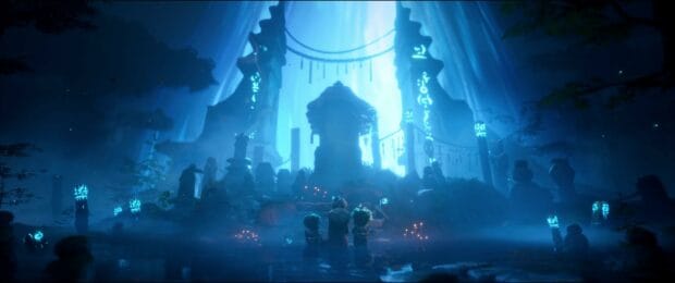 Three characters approach a glowing shrine in a magical forest in Kena Bridge Of Spirits, 2K Desktop Wallpaper