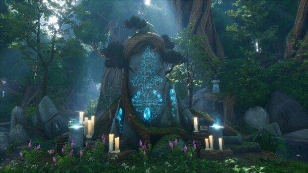 A stone altar with glowing blue symbols surrounded by candles and flowers captures the spirit of Kena Bridge Of Spirits, 4K Desktop Wallpaper