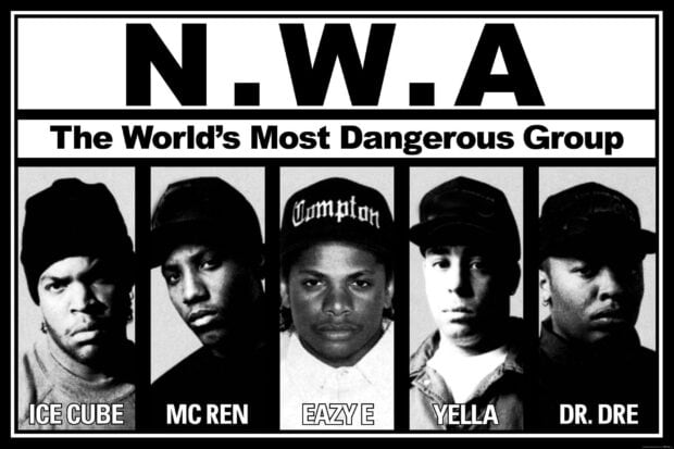 The iconic NWA members with their names under each portrait in black and white, 2K Desktop Wallpaper