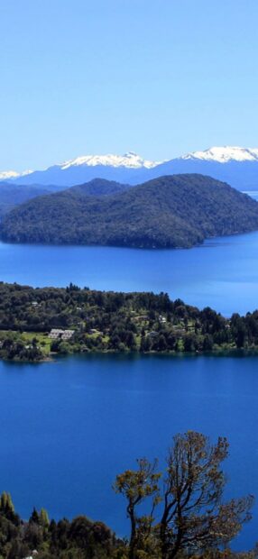 The Nahuel Huapi lake is surrounded by forests and snow capped mountains under a clear sky, HD Phone Wallpaper