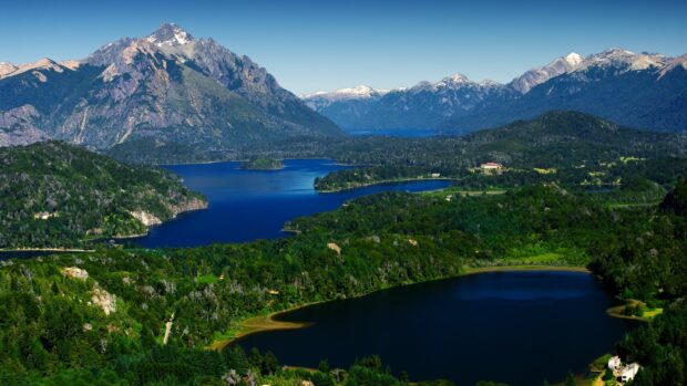 Nahuel Huapi lake and lush green forests with mountains in the background, HD Desktop Wallpaper