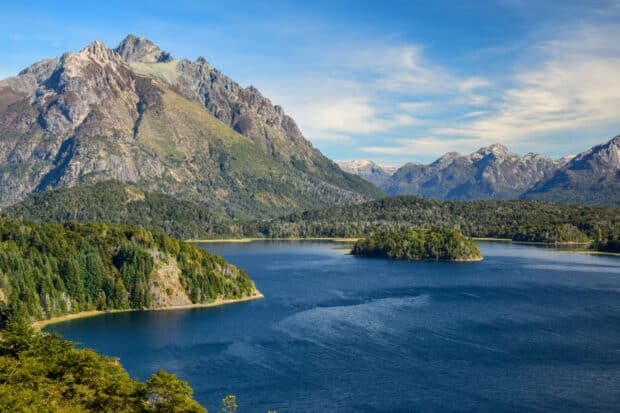The Nahuel Huapi landscape shows clear blue water and surrounding mountains, HD Desktop Wallpaper