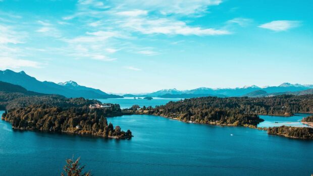 A peaceful scene of Nahuel Huapi with islands and surrounding mountains, HD Desktop Wallpaper
