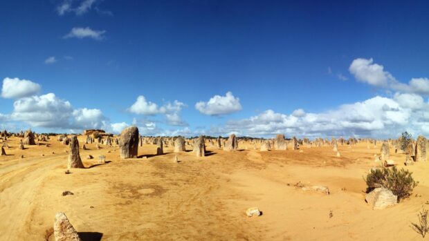 The Nambung National Park scenery shows unique limestone pillars under a bright blue sky, HD Desktop Wallpaper