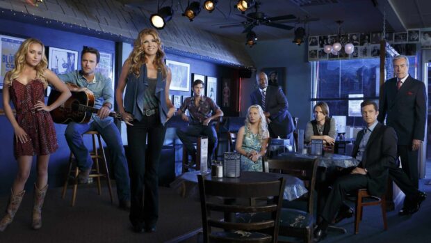 The Nashville TV series cast poses together in a music venue setting, HD Desktop Wallpaper