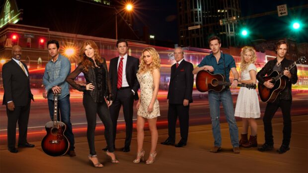 The Nashville TV series cast stands together on a city street at night with guitars, HD Desktop Wallpaper
