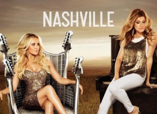 Two main characters from the Nashville TV series pose with musical instruments, HD Desktop Wallpaper