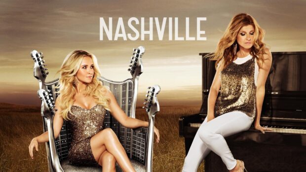 Two main characters from the Nashville TV series pose with musical instruments, HD Desktop Wallpaper