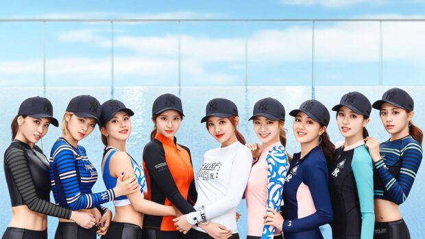 Nayeon wallpapers show a group of women standing together by the pool in matching caps, 2K Desktop Wallpaper