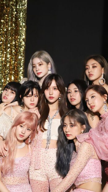A group portrait featuring Nayeon and members dressed in elegant sparkling outfits, 4K Mobile Wallpaper