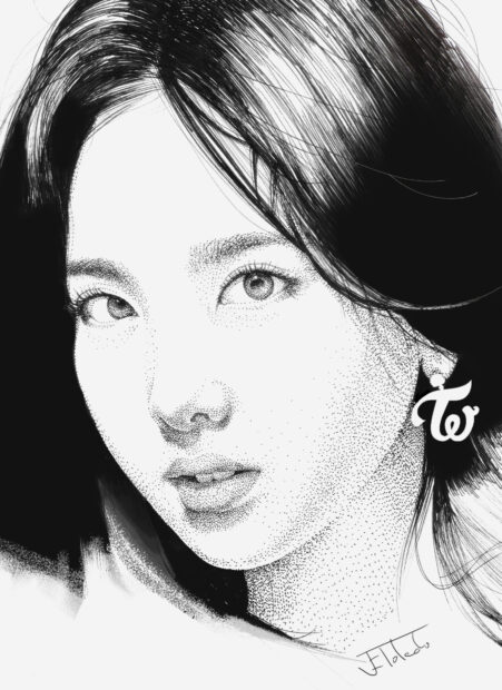 A detailed ink portrait shows the face of Nayeon with intricate shading and highlights, HD Mobile Wallpaper