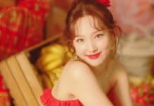 Nayeon wallpapers showing a cheerful woman in a bright red dress with a warm background, 2K Desktop Wallpaper
