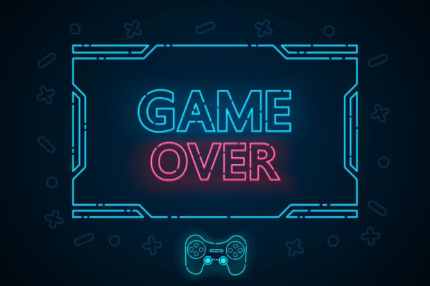 Neon game over text with a glowing controller icon below, HD Desktop Wallpaper