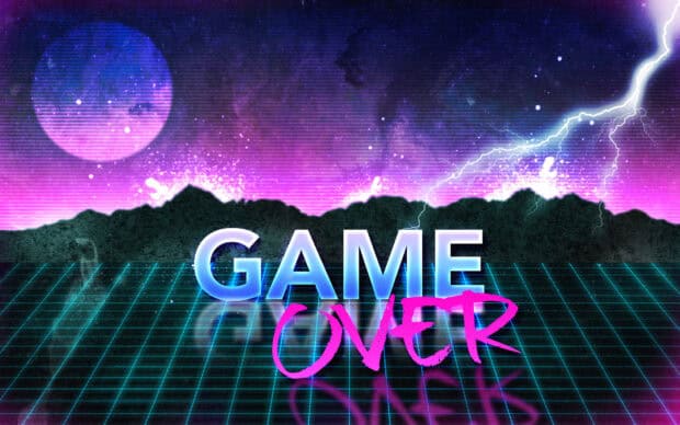 Neon game over text glows above a futuristic grid with mountains and lightning in the background, HD Desktop Wallpaper