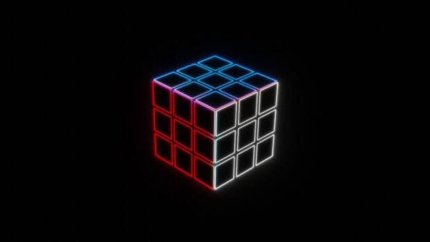 A neon glowing cube with vibrant red, blue, and white colors on a black background featuring cube wallpapers HD resolution, HD Desktop Wallpaper
