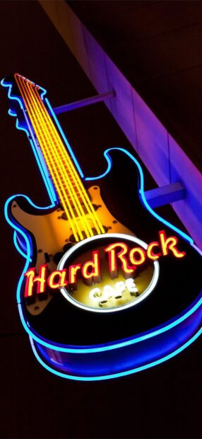 A glowing neon guitar sign displays the words Hard Rock with vibrant colors, HD Mobile Wallpaper