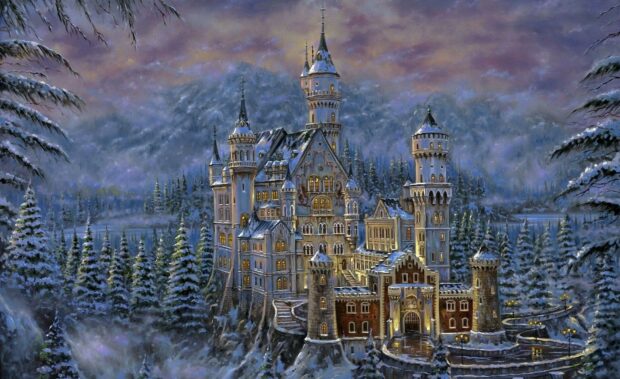 Neuschwanstein Castle is surrounded by snow covered trees and mountains during winter, HD Desktop Wallpaper
