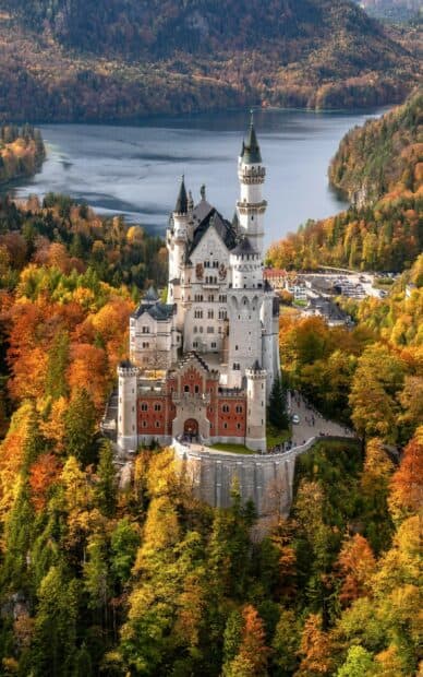 Neuschwanstein Castle stands surrounded by colorful autumn trees near a tranquil lake, 2K Mobile Wallpaper