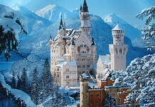 The Neuschwanstein Castle stands surrounded by snowy trees and mountains, HD Desktop Wallpaper