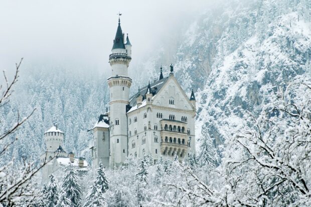 Neuschwanstein Castle stands surrounded by snow covered trees and mountains, 2K Desktop Wallpaper