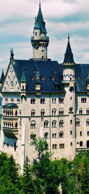 A detailed view of Neuschwanstein Castle surrounded by greenery and bright skies, HD Phone Wallpaper