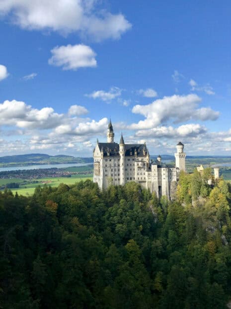 A beautiful view of Neuschwanstein Castle surrounded by green forest and blue sky, HD Mobile Wallpaper
