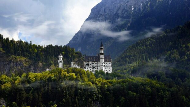 Neuschwanstein Castle stands surrounded by dense forest and mountains under a cloudy sky, HD Desktop Wallpaper