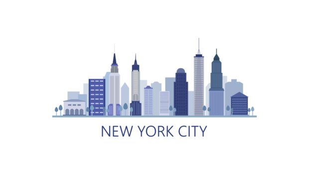 The image shows a stylized New York skyline with various landmark buildings, 4K Desktop Wallpaper