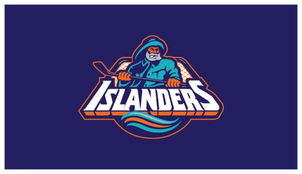 The New York Islanders logo with a hockey player holding a stick over a net, HD Desktop Wallpaper