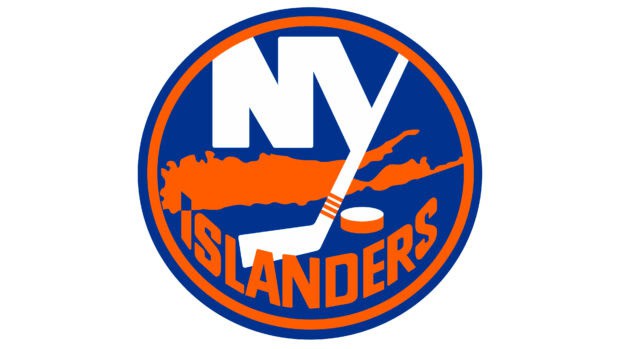 The New York Islanders logo features a hockey stick and island silhouette in blue and orange, 4K Desktop Wallpaper