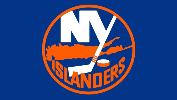 The New York Islanders logo features a hockey stick and puck in front of an orange silhouette on a blue background, 4K Desktop Wallpaper