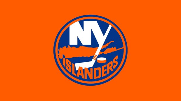 The New York Islanders logo features a hockey stick with the team name on an orange background, 4K Desktop Wallpaper