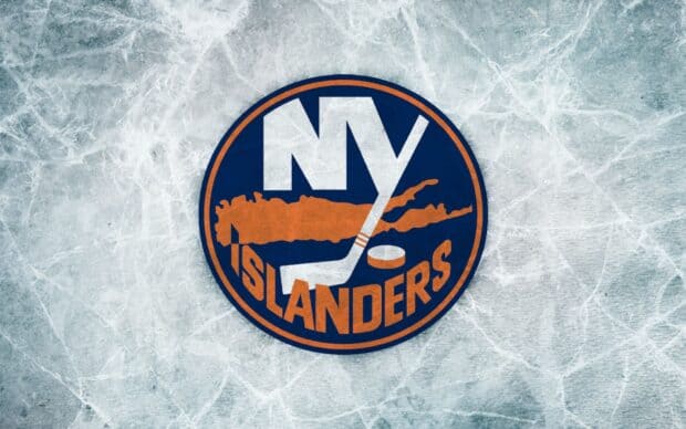The New York Islanders logo is displayed on a cracked ice surface with a hockey stick and puck, HD Desktop Wallpaper