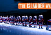 The New York Islanders players line up on an ice rink under spotlight, 2K Desktop Wallpaper