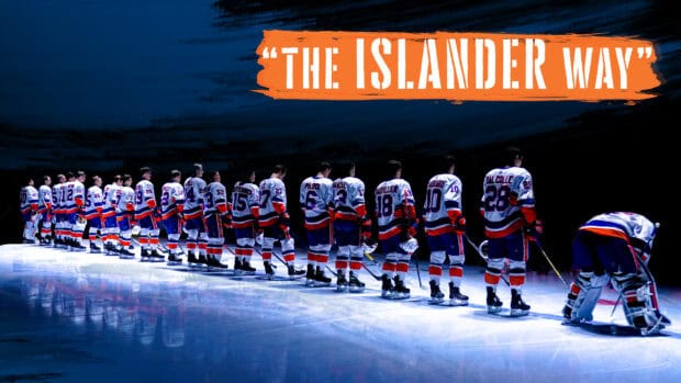 The New York Islanders players line up on an ice rink under spotlight, 2K Desktop Wallpaper