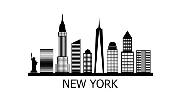 The New York skyline design features iconic buildings and landmarks in black and white, 4K Desktop Wallpaper