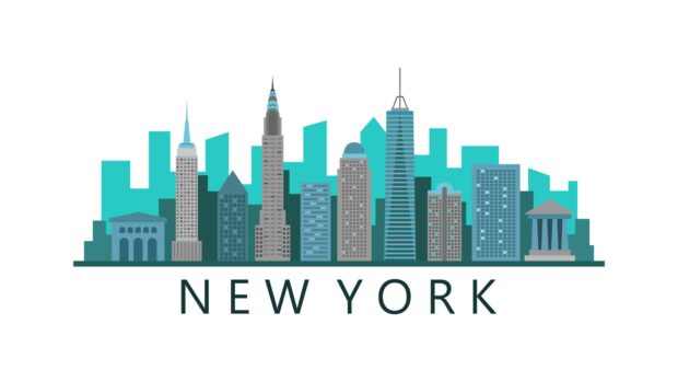A colorful illustration of the New York skyline featuring iconic buildings, 4K Desktop Wallpaper