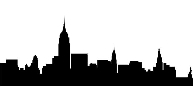 A black silhouette of the New York skyline with iconic buildings and landmarks, HD Desktop Wallpaper